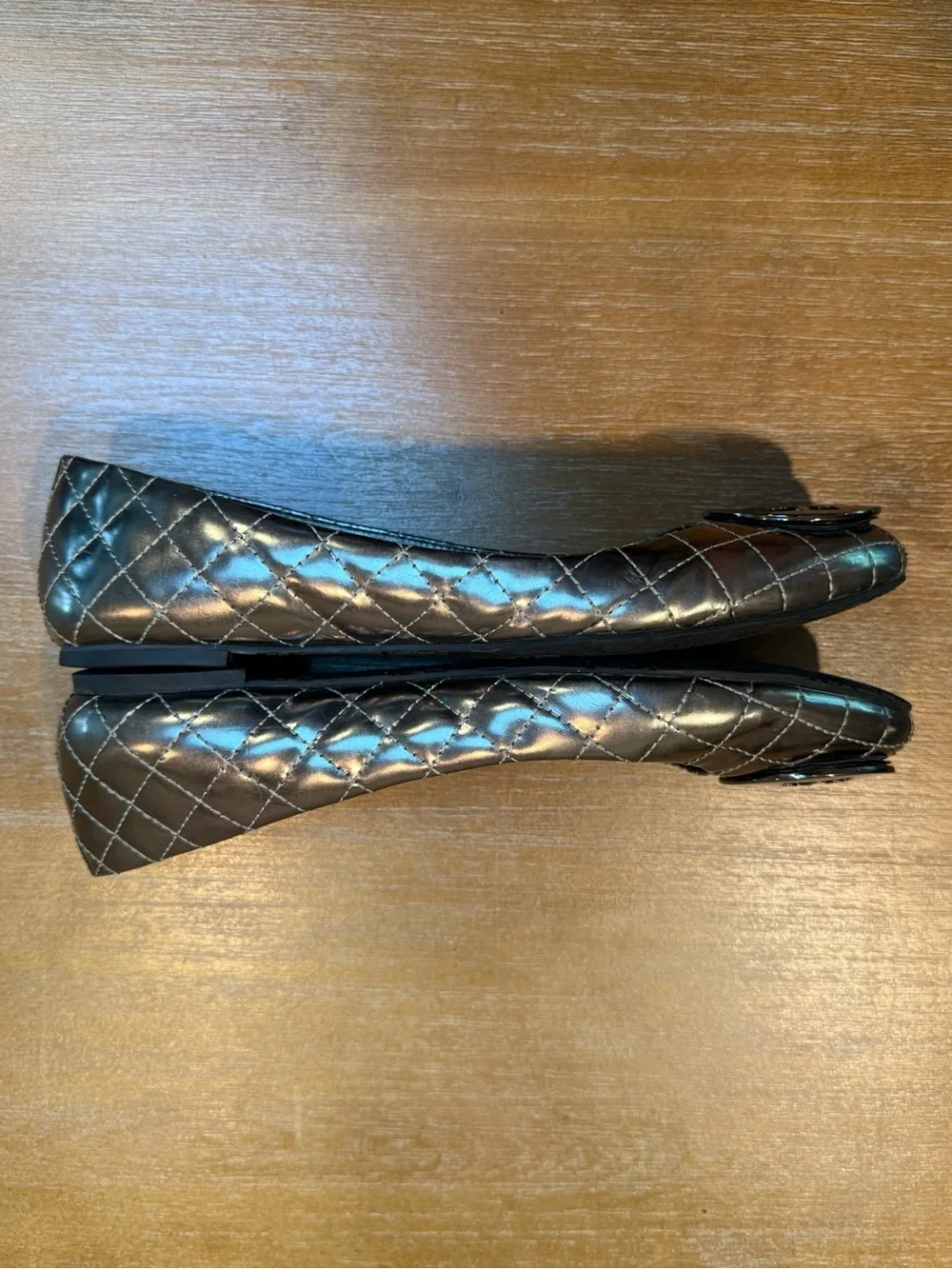 Tory‎ Burch Quinn Women’s Quilted Leather Ballet Flat Silver Metallic Size 10